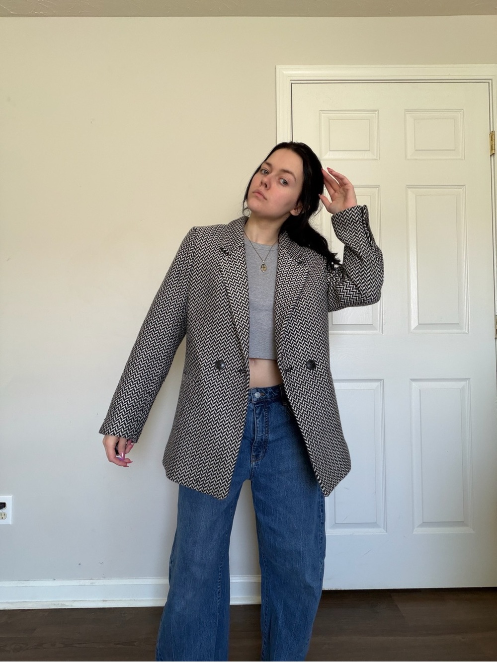 Annie Bing Black & White Herringbone Blazer Small